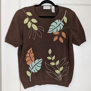 Alfred Dunner XL Brown Knit Leaf Sweater Top